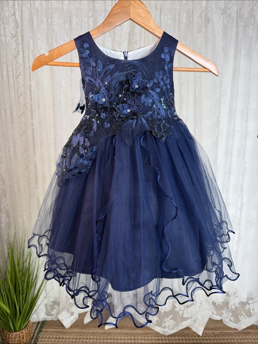 Navy Floral Tulle Party Dress for Girls- side 100 (about 3T to four years old)